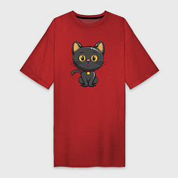 Футболка женская-платье Черный маленький котенок, цвет: красный
