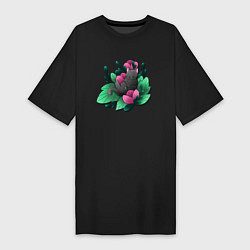 Футболка женская-платье Котик в растениях, цвет: черный