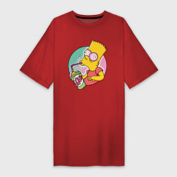 Футболка женская-платье Барт Симпсон пьёт лимонад, цвет: красный