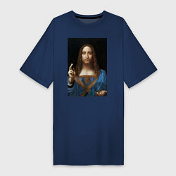 Футболка женская-платье Спаситель мира Леонардо Да Винчи около 1500, цвет: тёмно-синий