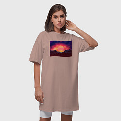 Футболка женская-платье 3D неоновые горы на закате, цвет: пыльно-розовый — фото 2