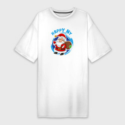 Футболка женская-платье Мультяшный Санта Клаус с мешком подарков, цвет: белый