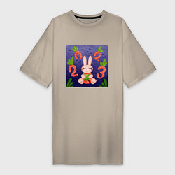 Женская футболка-платье Новый год 2023, заяц с ёлочкой и цифрами морковкам