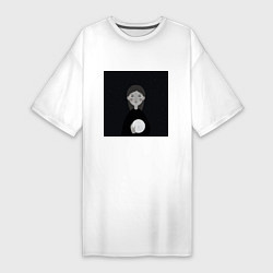 Женская футболка-платье Девочка с луной в руке на фоне звёздного неба