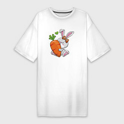 Футболка женская-платье Зайка с большой морковкой, цвет: белый