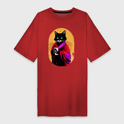 Футболка женская-платье Бомбейская черная кошка с телефоном в лапках, цвет: красный