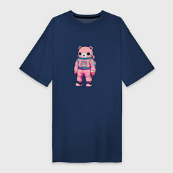 Футболка женская-платье Розовый мишка космонавт, цвет: тёмно-синий