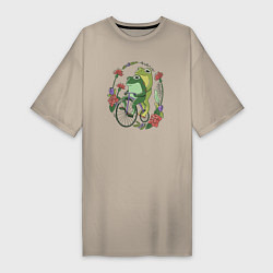 Футболка женская-платье Лягушки на велосипеде, цвет: миндальный