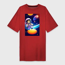 Футболка женская-платье Мультяшный астронавт, цвет: красный
