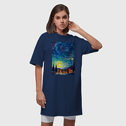 Футболка женская-платье Ночной пейзаж в стиле Ван Гога, цвет: тёмно-синий — фото 2