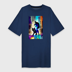 Футболка женская-платье Кошечка пушистый хвост - акварель - живопись, цвет: тёмно-синий