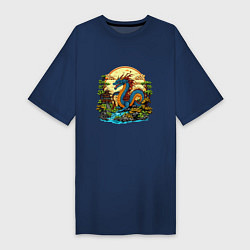 Женская футболка-платье Синий дракон у реки