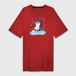 Футболка женская-платье Пингвин на льдине, цвет: красный