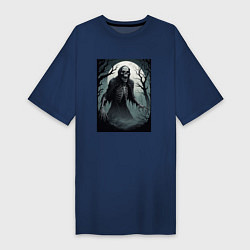 Футболка женская-платье Привидение-скелет в ночном лесу, цвет: тёмно-синий
