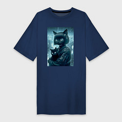 Футболка женская-платье Модная кошечка с котёнком - киберпанк, цвет: тёмно-синий