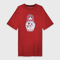 Женская футболка-платье Матрешка с красным петухом по мотивам мезенской ро