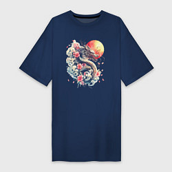 Футболка женская-платье Японский дракон на фоне солнца и цветки сакуры, цвет: тёмно-синий