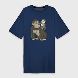 Футболка женская-платье Мультяшная горилла с детенышем, цвет: тёмно-синий