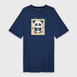 Футболка женская-платье Панда кушает бамбук, цвет: тёмно-синий
