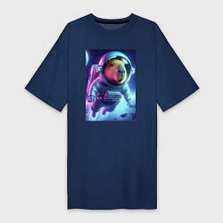 Футболка женская-платье Полёт капибары в космосе - неон, цвет: тёмно-синий