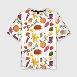 Женская футболка оверсайз Уют, ежи, листья и банка варенья
