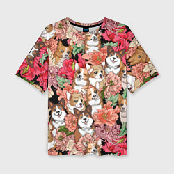 Женская футболка оверсайз Корги & Цветы