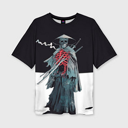 Женская футболка оверсайз Скелет Самурай с трубкой на черно белом фоне