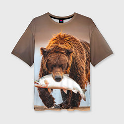 Женская футболка оверсайз Медведь с рыбой во рту