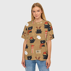 Футболка оверсайз женская Черные новогодние коты, цвет: 3D-принт — фото 2