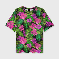 Женская футболка оверсайз Тропические листья и цветы на черном фоне