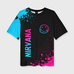 Женская футболка оверсайз Nirvana - neon gradient: символ и надпись вертикал
