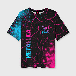 Женская футболка оверсайз Metallica - neon gradient: символ и надпись вертик