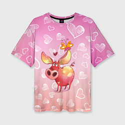 Женская футболка оверсайз Свинка с большими ушами и с бабочкой