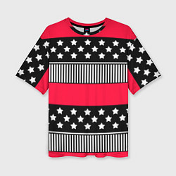 Футболка оверсайз женская Red and black pattern with stripes and stars, цвет: 3D-принт
