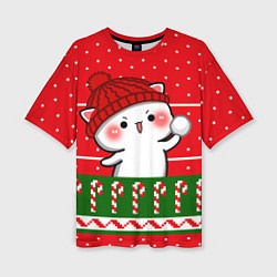 Женская футболка оверсайз Белый котик - игра в снежки