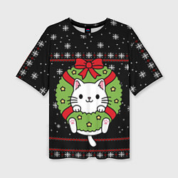 Футболка оверсайз женская Рождественский венок с котиком, цвет: 3D-принт