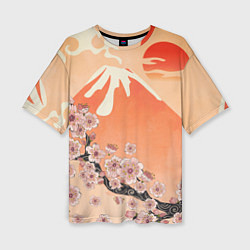 Женская футболка оверсайз Ветка цветущей сакуры и вулкан