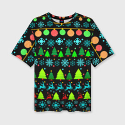 Футболка оверсайз женская Узор с ёлками и оленями, цвет: 3D-принт