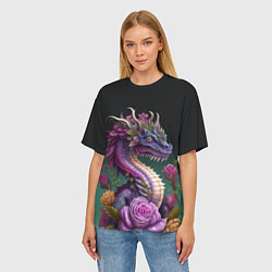 Футболка оверсайз женская Неоновый дракон с цветами, цвет: 3D-принт — фото 2