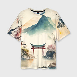 Женская футболка оверсайз Японский пейзаж - акварель