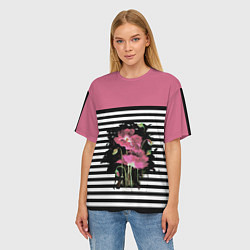 Футболка оверсайз женская Розовые акварельные маки на полосатом фоне, цвет: 3D-принт — фото 2