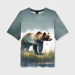Женская футболка оверсайз Минималистичный пейзаж с медведем акварель