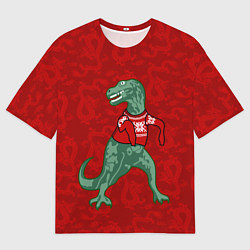 Женская футболка оверсайз Динозавр в свитере - новогодние драконы