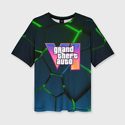 Футболка оверсайз женская GTA 6 лого на фоне разлома зеленых плит, цвет: 3D-принт