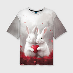 Женская футболка оверсайз Белые кролики с сердцем