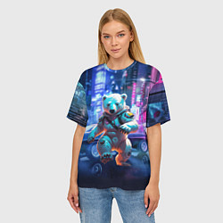Футболка оверсайз женская Белый медведь в мегаполисе - киберпанк, цвет: 3D-принт — фото 2