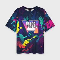 Футболка оверсайз женская GTA 6 logo яркий неоновый камуфляжный стиль, цвет: 3D-принт
