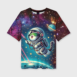 Женская футболка оверсайз Котик в космосе с лазерным пистолетом