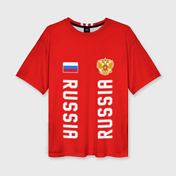 Женская футболка оверсайз Россия три полоски на красном фоне