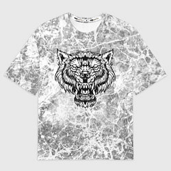 Футболка оверсайз женская Черно-белый агрессивный волк на сером фоне, цвет: 3D-принт